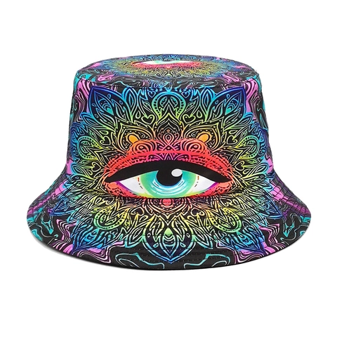 Bucket Hat Psychedelic Mandala All-Seeing Eye Print Polyester Vintage Sun Protection Outdoor Festival Travel Accessory