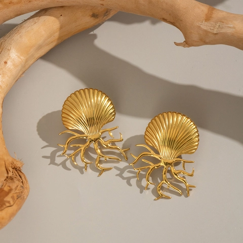 Pendientes Colgantes Rama De Coral Con Concha Estilo Océano Acero Inoxidable 304 Chapado Oro Impermeable Para Mujer