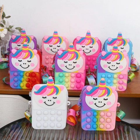 Unicorn Silicone Kids Crossbody Bag Pop It Bubble Fidget Decompression Shoulder Purse Rainbow Cartoon For Girls