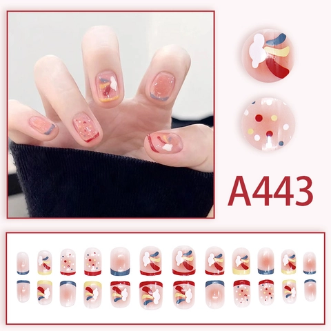 Unghie Finte Corte Plastica Colorata Motivo Arcobaleno Pois Nuvole French Tip Stile Dipinto A Mano Carino Per Ragazze