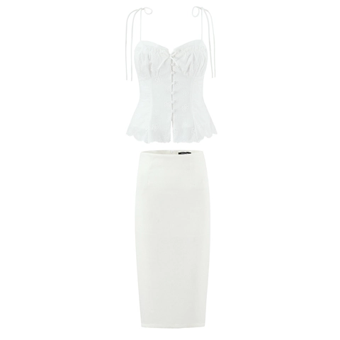 Top Con Spalline Ricamato E Gonna A Matita Midi A Vita Alta Per Donna Elegante Senza Maniche Con Orlo A Festone
