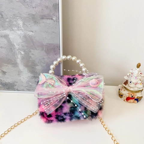 Borsa A Tracolla In Peluche Per Bambini Con Stampa Leopardata Manico In Perla Artificial Fiocco Grande In Rete Borsa Alla Moda
