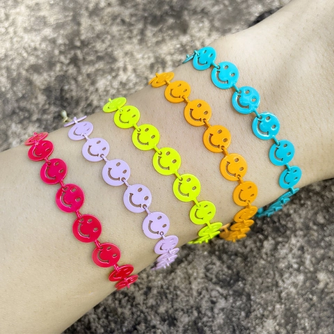 Smile Face Gliederkette Armband Kupfer Emaille Bunt Verstellbar Vergoldet Bohemian Mode Schmuck Damen