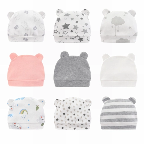Newborn Baby Cotton Beanie Hat Soft Cartoon Printed Infant Bonnet With Cute Ears For Autumn Winter Babies 0-6 Months