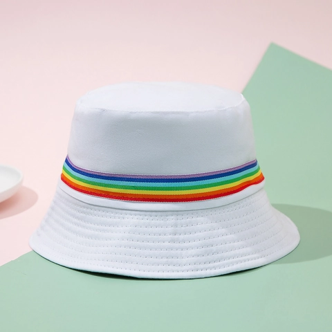 Bob Réversible À Rayures Arc-En-Ciel En Polyester Protection Solaire À Bord Large Style Coréen Décontracté Pour Femmes Hommes