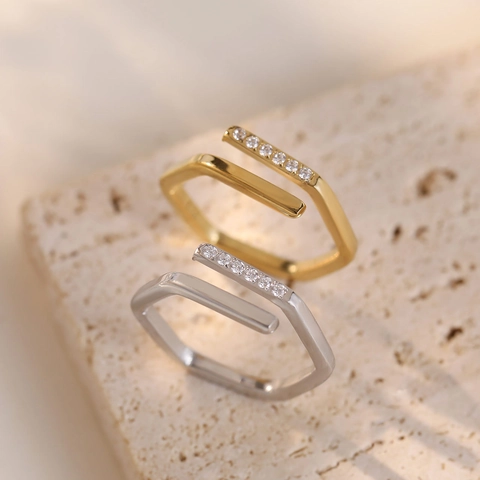 Minimalistische Hexagonale Open Ring Titanium Staal Geometrische Zirkonia Ingelegd Verstelbare Mode-Sieraden Voor Dames