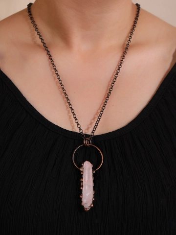 Rose Quartz Crystal Pendant Necklace Copper Hexagonal Pillar Retro Bohemian Ethnic Jewelry For Women