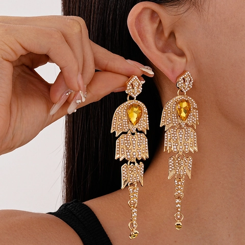Pendientes Largos De Borla Retro Franceses Lujo Hoja Aleación Diamante De Imitación Perla Artificial Con Poste De Plata Para Mujer