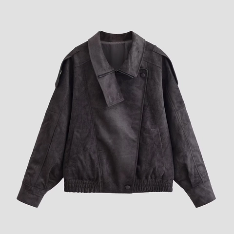 Dames Faux Suède Motorjas Lange Mouwen Revers Rits Streetwear Losse Pasvorm Epaulet Geribbelde Zoom Jas