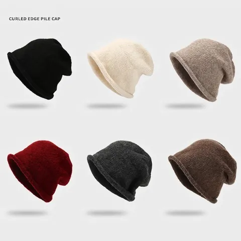 Winter Knit Beanie Hat For Women Curled Edge Warm Windproof Acrylic Slouchy Ribbed Skull Cap Casual Daily Wear