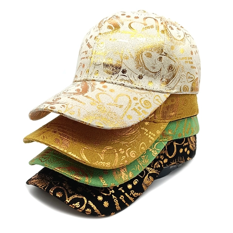 Adjustable Baseball Cap Gold Foil Graffiti Heart Cartoon Print Polyester Streetwear Sun Hat For Women Men Trendy