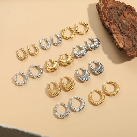 Orecchini A Cerchio In Acciaio Al Titanio Placcati Oro 14K Geometrici Testurizzati Retro Francese Gioielli Minimalisti Donna