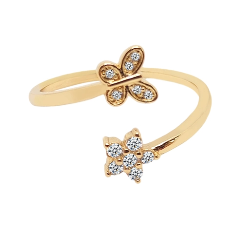 Verstelbare Open Ring Vlinder Bloem Ontwerp Koper Cubic Zirconia Geplaveid Elegante Sieraden Voor Vrouwen