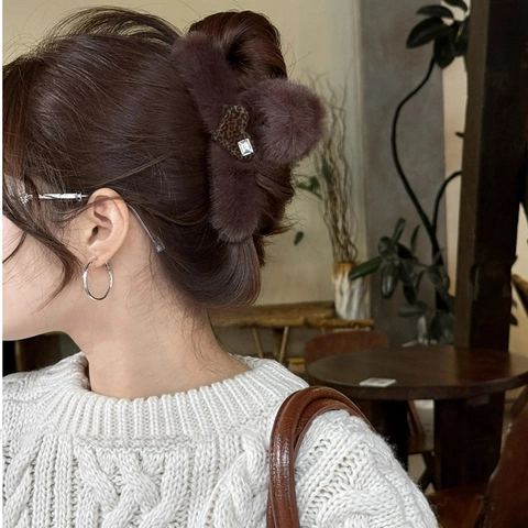 Molletta Per Capelli In Peluche Acrilico Con Cuore Leopardato E Strass Accessorio Retro Autunno Inverno Per Donne