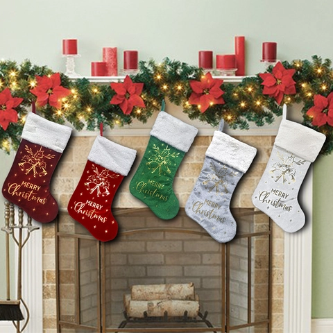 Christmas Stockings Velvet Holiday Decor With Faux Fur Cuff Gold Stamped Merry Christmas For Fireplace Home Decoration