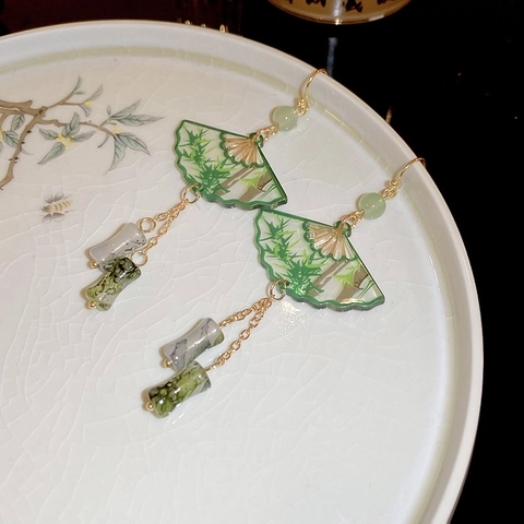 Alloy Resin Fan Shaped Dangle Earrings With Green Bamboo Pattern Tassel And Steel Earring Post Elegant Oriental Style