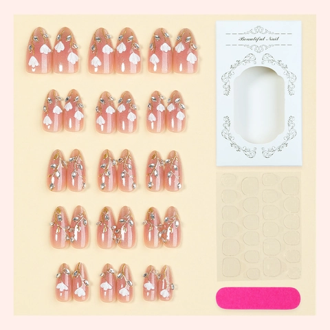 Unghie Finte A Pressione Forma Mandorla French Rosa Con Fiori Bianchi Linee Dorate Strass Manicure Per Donne Elegante