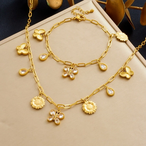 Gioielli In Acciaio Inossidabile Placcato Oro Collana E Bracciale Con Ciondolo Farfalla Girasole Zircone Goccia Donna