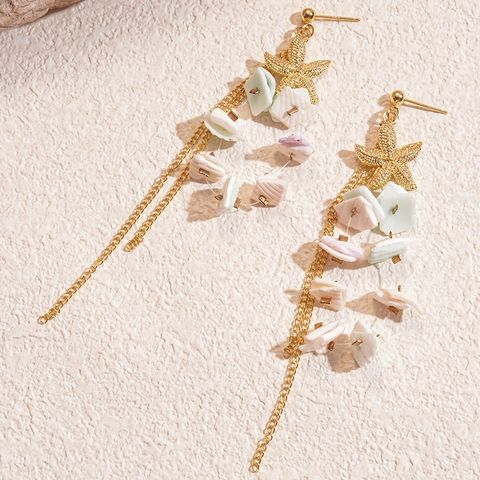 Starfish Shell Tassel Drop Earrings With 925 Sterling Silver Earring Post Alloy Metal Beach Vacation Bohemian Style Women