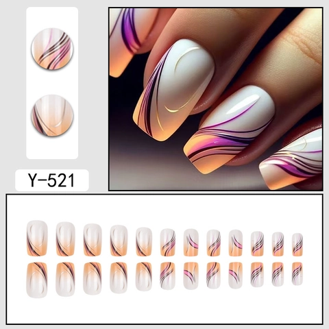 Medium Long Square Press On Nails With Artistic Gold Lines Abstract Colorful Pattern Glossy Artificial Nails For Women