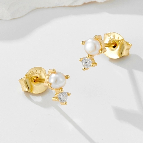925 Sterlingsilber Künstliche Perle Strass Ohrstecker Für Damen Geometrisch Vergoldet Mode Minimalistischer Ohrschmuck