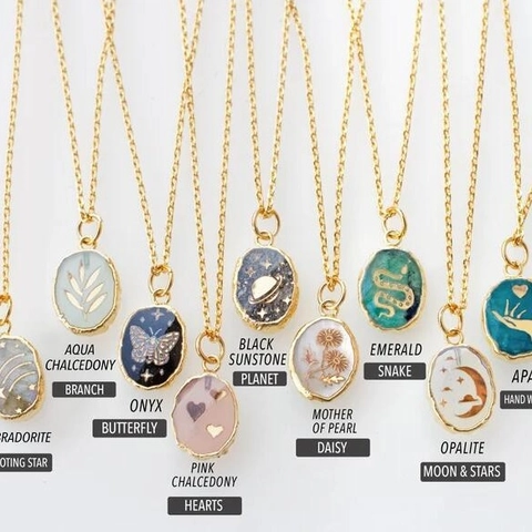 Natural Stone Pendant Necklace Stainless Steel Chain Butterfly Snake Engraved Vintage Jewelry For Women