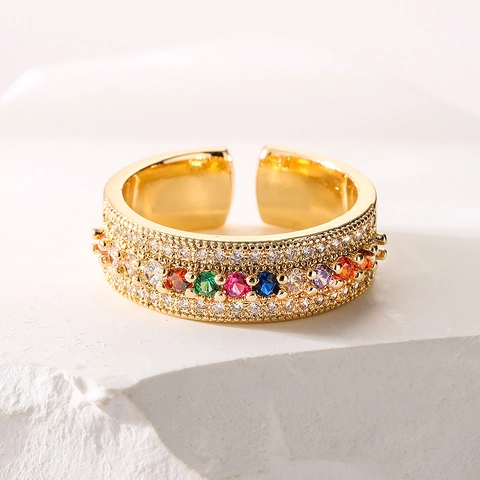 Verstellbarer Offener Ring Mit Regenbogen Zirkonia Vergoldetes Kupfer Blatt Geometrischer Schmuck Für Damen