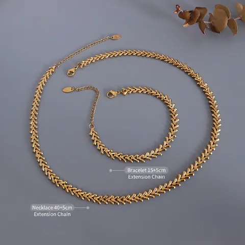 Women Fashion Titanium Steel Leaf Jewelry Necklace Bracelet Wheat Link Chain 18K Gold Silver Plated Elegant Accessory