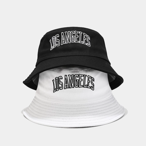Cotton Canvas Bucket Hat Los Angeles Letter Embroidery Wide Brim Sun Protection Foldable Outdoor Streetwear Men Women