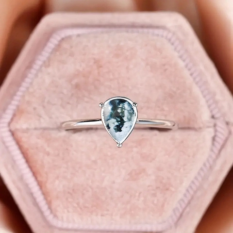 Vintage Teardrop Copper Ring With Pear Shaped Moss Agate Texture Elegant Retro Style Jewelry For Women White Gold Color