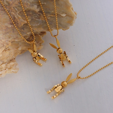 Mechanisch Konijn Hanger Ketting 18K Verguld Titaniumstaal 3D Konijntje Luck Gegraveerd Bolletjesketting Sieraden