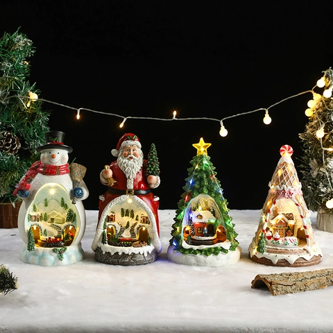 Decorazione Natalizia Resina LED Carillon Luminoso Treno Rotante Paesaggio In Miniatura Decorazione Da Scrivania Regalo