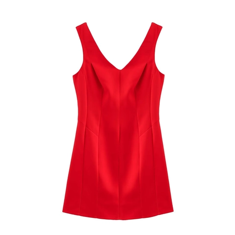 Vestito Mini Senza Maniche Con Scollo A V In Poliestere Da Donna Pieghettato Linea A Rosso Solido Party Cocktail Zip