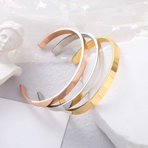 Bracelet Jonc Ouvert En Forme De C Minimaliste Acier Inoxydable Poli Miroir Bijoux De Mode Accessoire