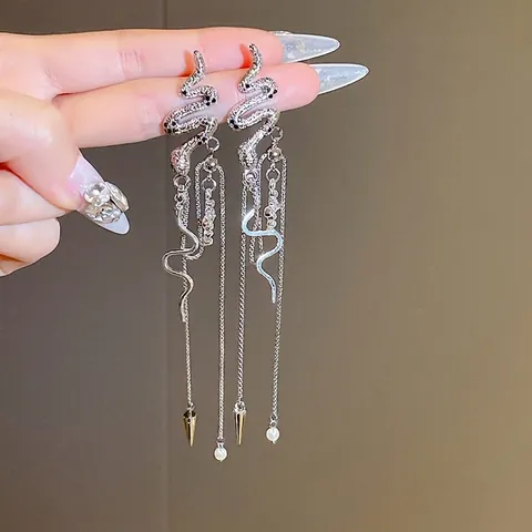 Snake Tassel Dangle Earrings With Silver Earring Post Alloy Rhinestone Cross Heart Artificial Pearl Gothic Punk Jewelry For Women