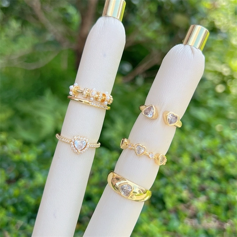 18K Gold Plated Copper Heart Shaped Rhinestone Artificial Pearl Adjustable Rings For Women Fashion Jewelry Elegant Gift