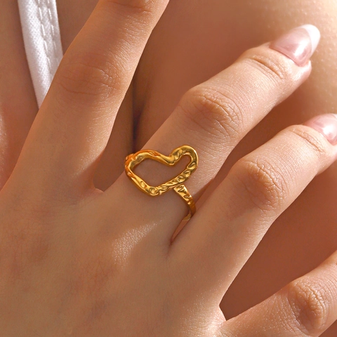 Anillo De Acero Inoxidable Forma Corazón Hueco Irregular Textura Martillada Ajustable Joyería Vintage Chic Para Mujer