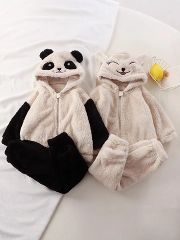 Abbigliamento Da Casa In Pile Di Flanella Per Neonato Giacca Con Cappuccio E Pantaloni Orecchie Animali Pigiama