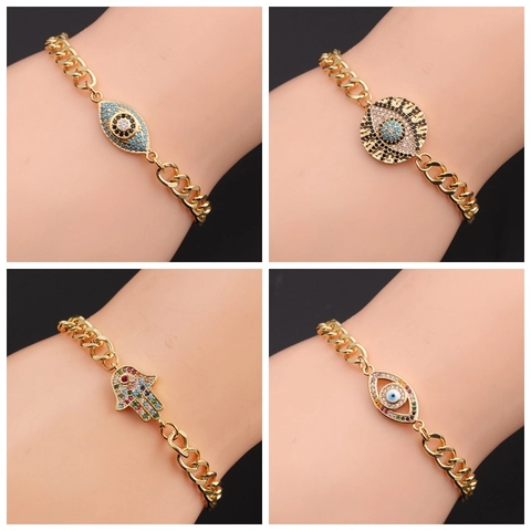 Evil Eye Hamsa Hand Bracelet Copper Real Gold Plated Adjustable Chain Zircon Inlaid Bohemian Jewelry Women Men
