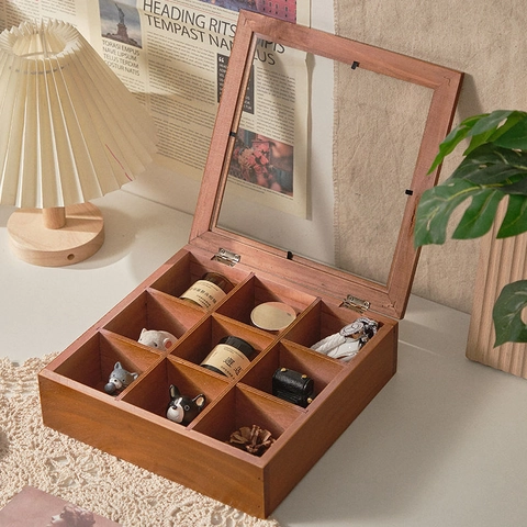Scatola Di Immagazzinaggio Vintage In Legno Con Scomparti Multipli E Coperchio In Acrilico Trasparente Organizzatore
