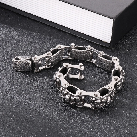 Bracciale Con Teschio Da Uomo Acciaio Inossidabile Punk Catena Per Bicicletta Gotico Retro Argento Gioielli Industriali