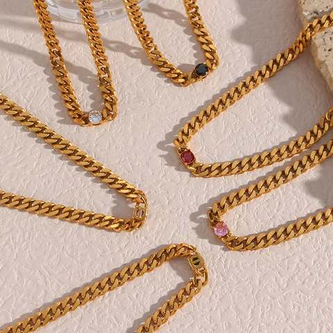 Fashion Cuban Link Chain Necklace Bracelet 18K Gold Plated Stainless Steel Colorful Round Zircon Jewelry For Women