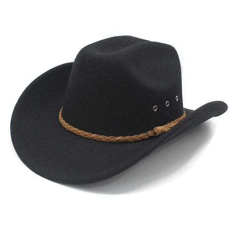 Western Cowboy Hat Cotton Polyester Felt Wide Brim With Woven Band Metal Eyelets Retro Style For Men Women