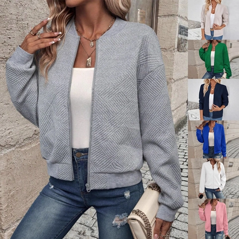 Women Textured Bomber Jacket Long Sleeve Zipper Front Diamond Pattern Casual Streetwear Outerwear For Ladies Fashionable