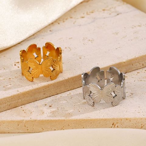 Anillo Abierto De Mariposa Acero Inoxidable Chapado En Oro 18K Ajustable Calado Vintage Estilo Ins Joyería Para Mujeres