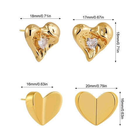 18K Gold Plated Copper Heart Button Stud Earrings For Women Vintage Melting Heart Zirconia Inlaid Luxury Jewelry Gift