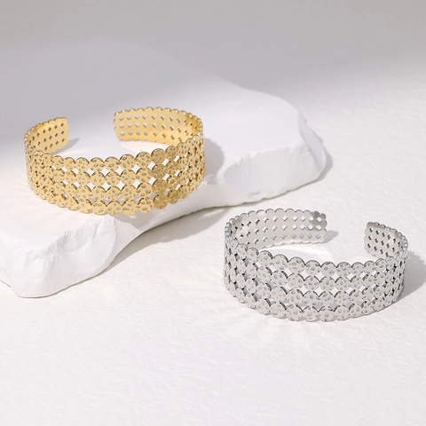 Bracciale Rigido Aperto In Acciaio Inossidabile Svuotato Geometrico Trama Martellata Bracciale Largo A Polsino Per Donna Gioielli Minimalisti