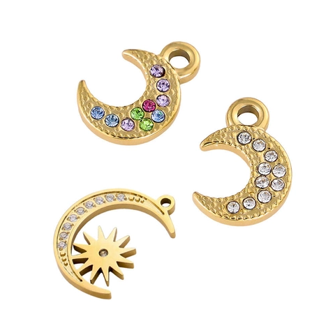 Ciondoli Pendenti Mezzaluna Stella Acciaio Inossidabile Con Zirconia Colorata Per Gioielli Fai Da Te Dorato Retrò