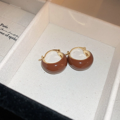 Retro Bruine Emaille Geometrische Hoop Oorbellen Legering Met Zilveren Oorbelpen Minimalistische Sieraden Voor Vrouwen