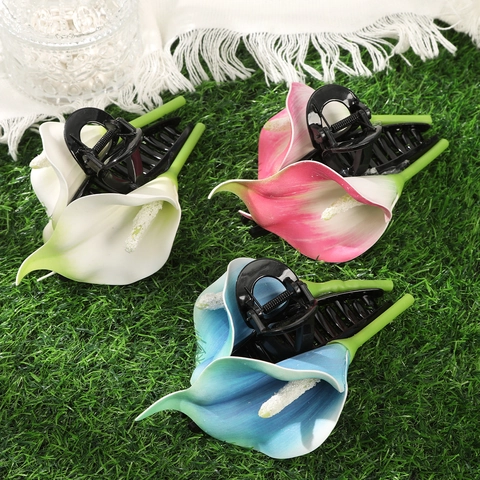 Artificial Calla Lily Flower Hair Claw Clip Elegant Large Resin Shark Grip Hawaiian Summer Travel Hairpin For Women